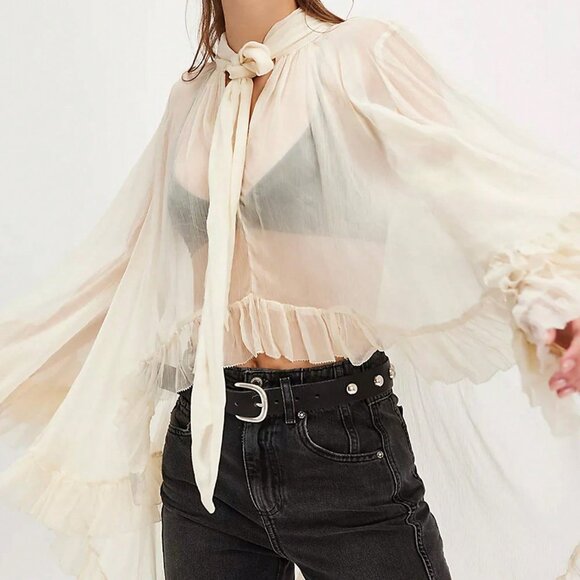 Beige Elegant Women's Ruffled Boho Top Long Sleeve V Neck Peplum - Picture 1 of 4